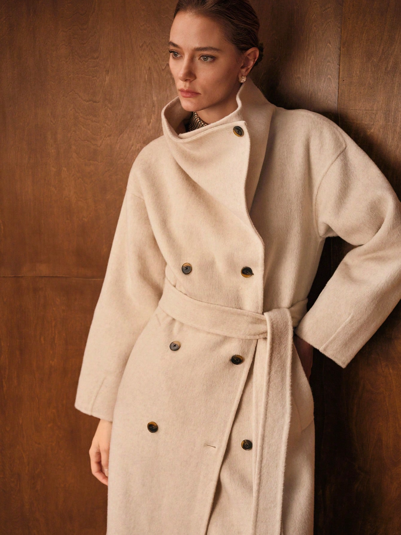Havira Premium Double-breasted Long Wool Coat with Waterfall Collar