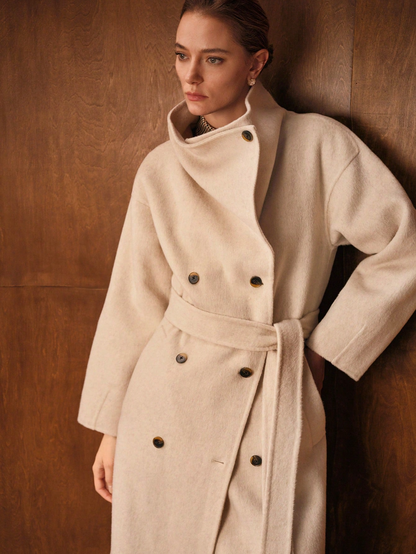 Havira Premium Double-breasted Long Wool Coat with Waterfall Collar
