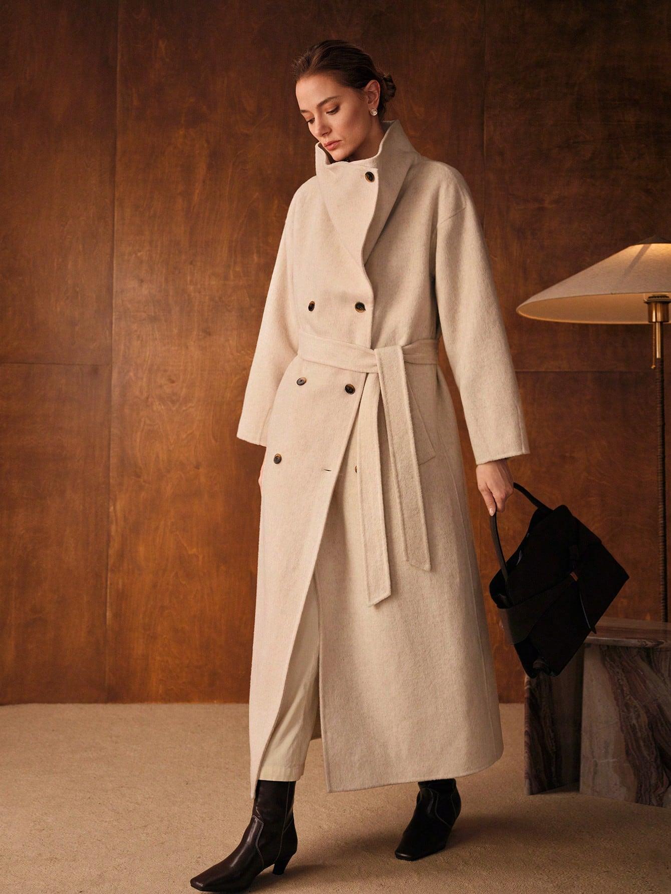 Havira Premium Double-breasted Long Wool Coat with Waterfall Collar