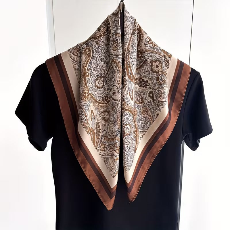 Stylish Brown Paisley Square Silk Scarf