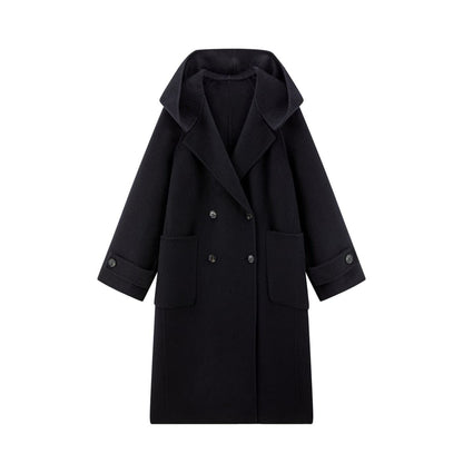 Women's Black Hooded Double-Face Wool Coat