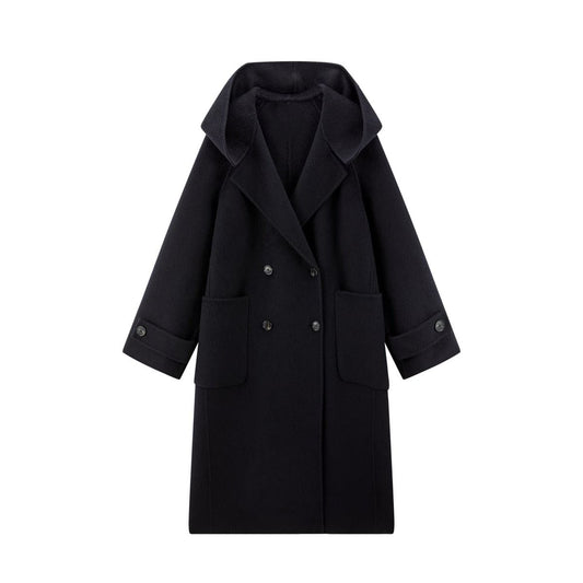 Women's Black Hooded Double-Face Wool Coat