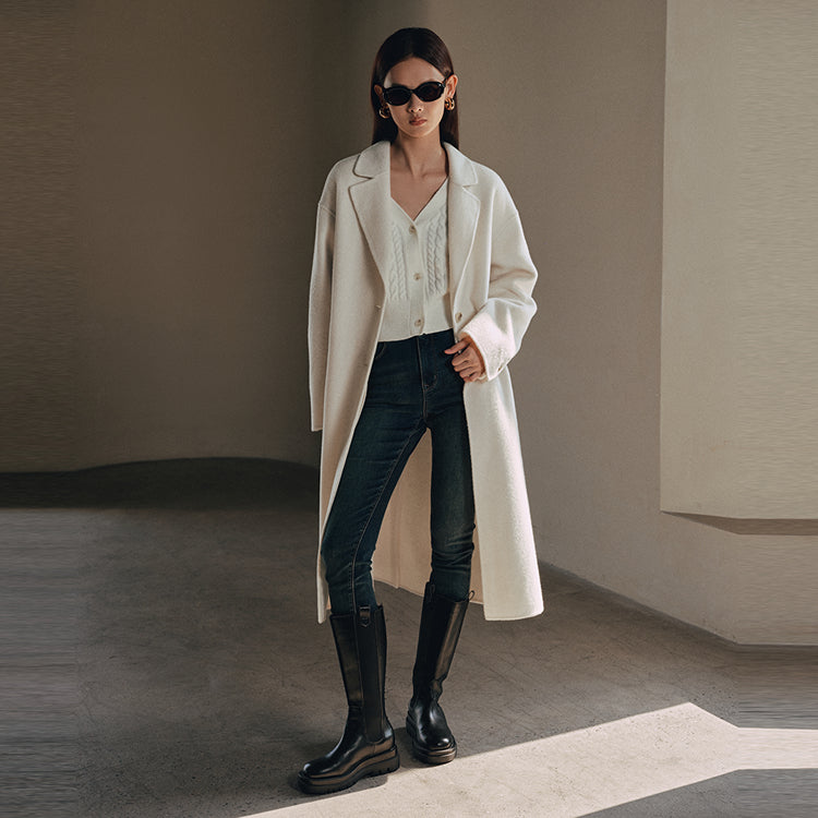 Women's White Straight Wool Coat