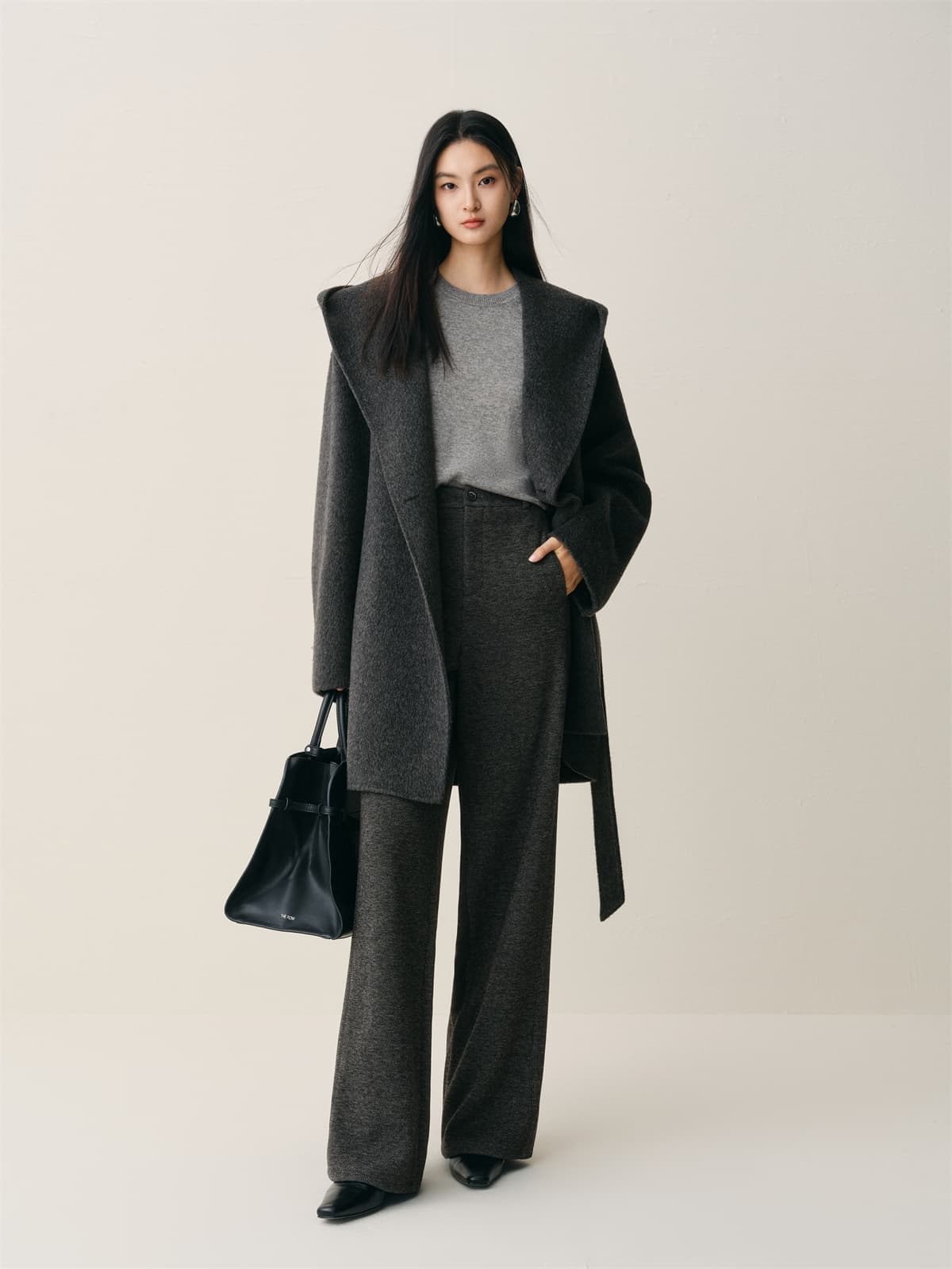 Women's Grey Double-Face Wool Robe Cape Coat