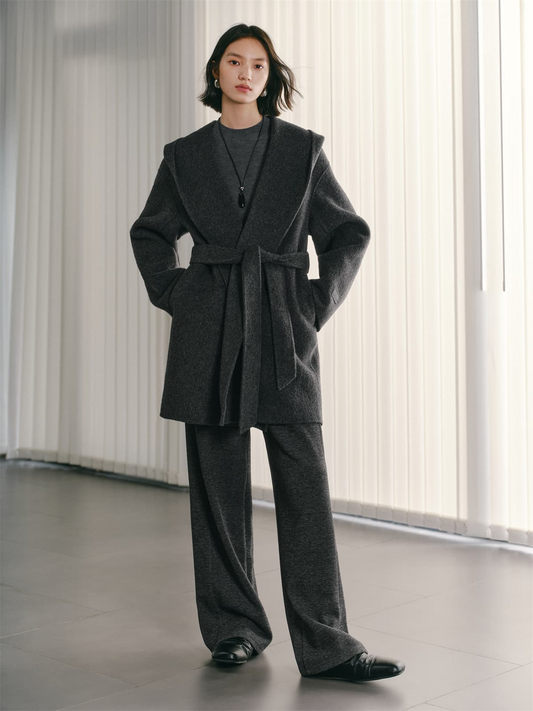 Women's Grey Double-Face Wool Robe Cape Coat