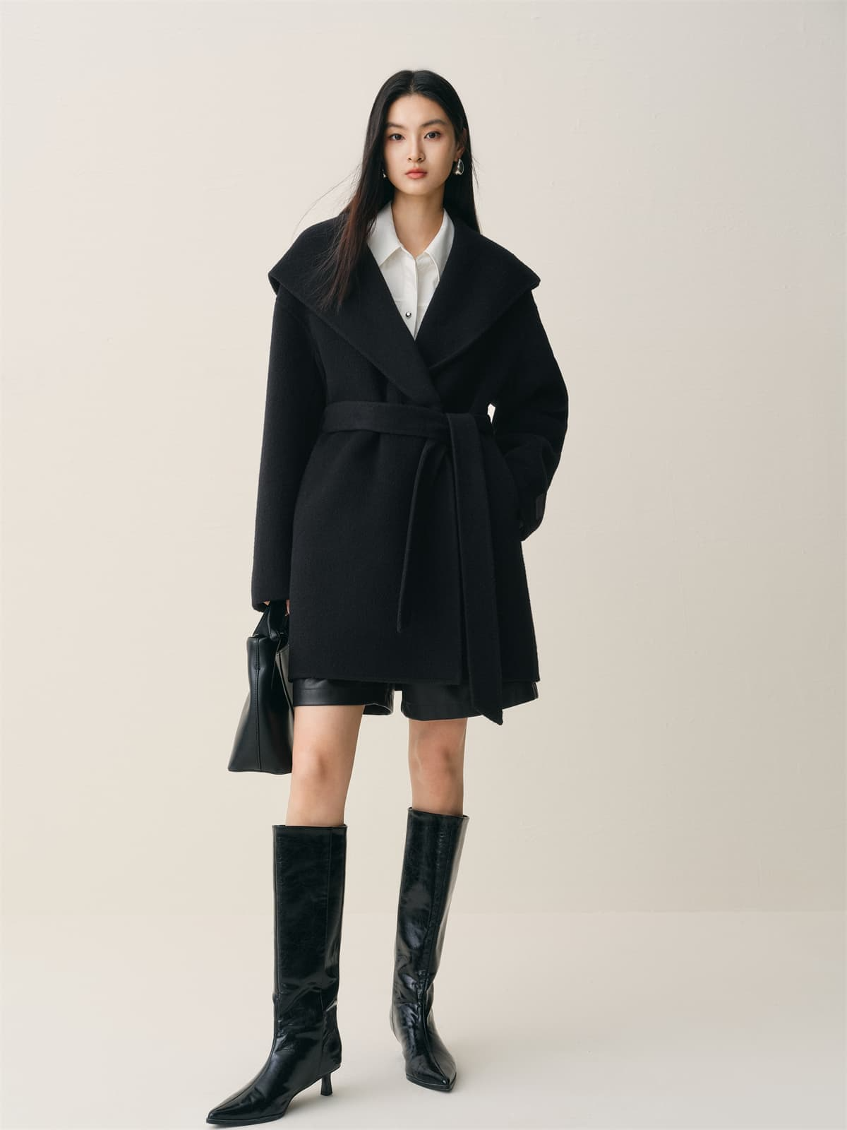 Women's Black Double-Face Wool Robe Cape Coat