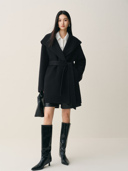 Women's Black Double-Face Wool Robe Cape Coat