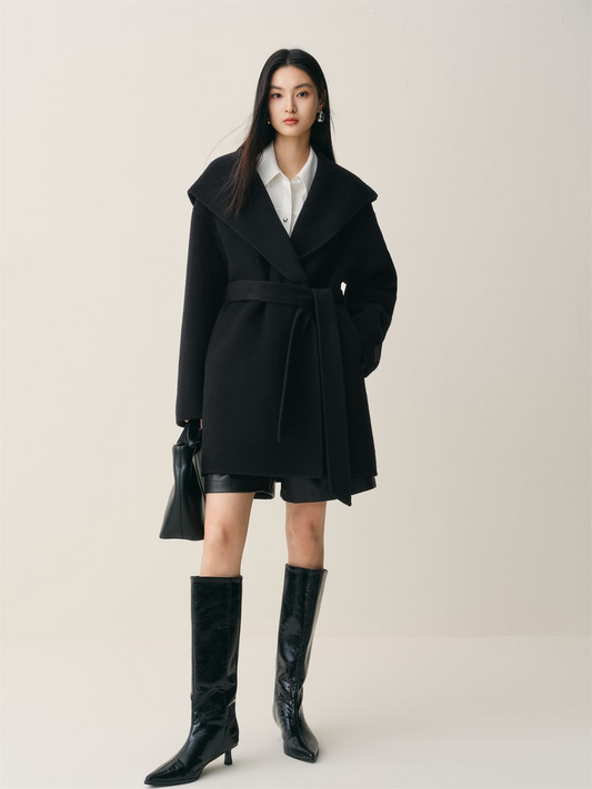 Women's Black Double-Face Wool Robe Cape Coat