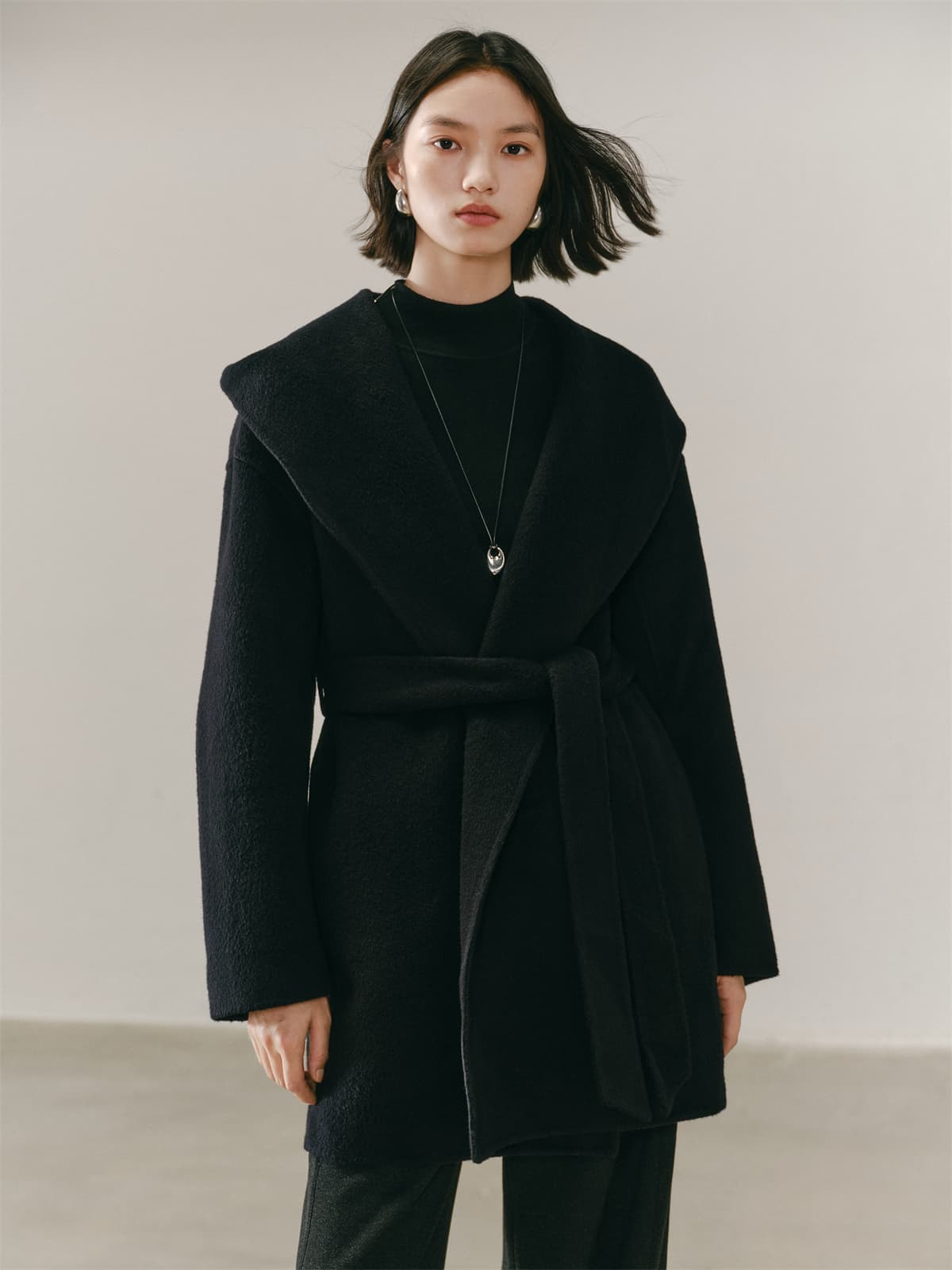 Women's Black Double-Face Wool Robe Cape Coat
