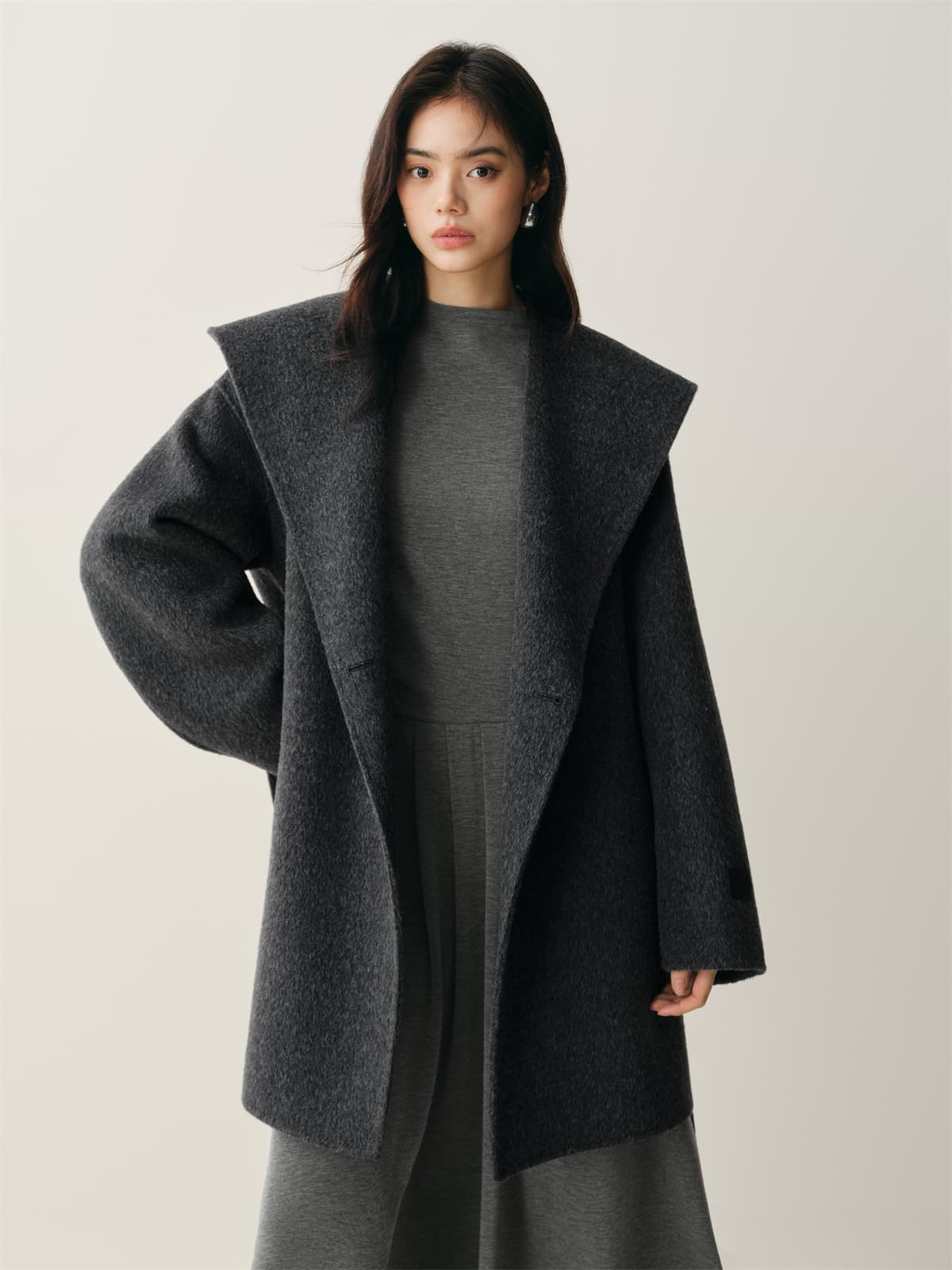 Women's Grey Double-Face Wool Robe Cape Coat