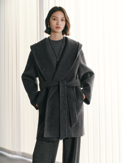 Women's Grey Double-Face Wool Robe Cape Coat