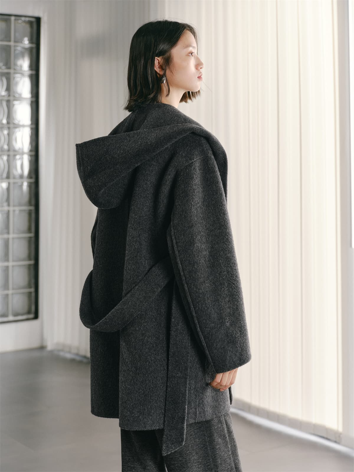 Women's Grey Double-Face Wool Robe Cape Coat