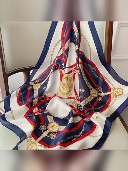 Navy Blue Silk Printed Square Scarf